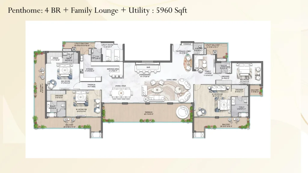 M3M St. Andrews – Penthome: 4 BHK + Family Lounge + Utility, 5,960 sq.ft. Floor Plan