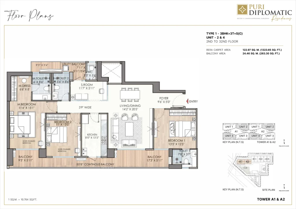 Puri Diplomatic Residences – Type 1 – 3 BHK + 3T + S (Towers A1, A2) floor plan