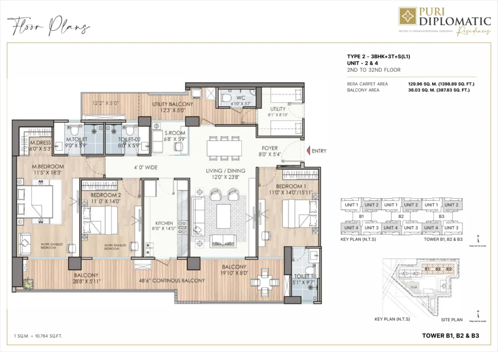 Puri Diplomatic Residences – Type 2 – 3 BHK + 3T + S (Towers B1, B2, B3) floor plan