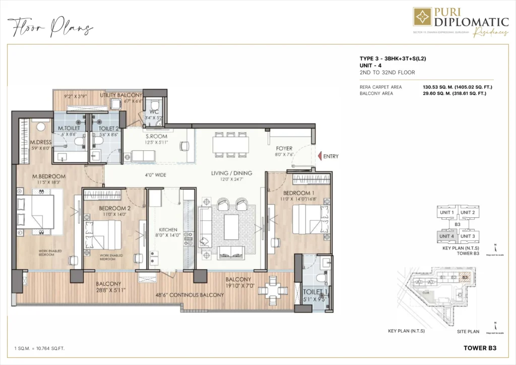 Puri Diplomatic Residences – Type 3 – 3 BHK + 3T + S (Tower B3, Unit 4) floor plan