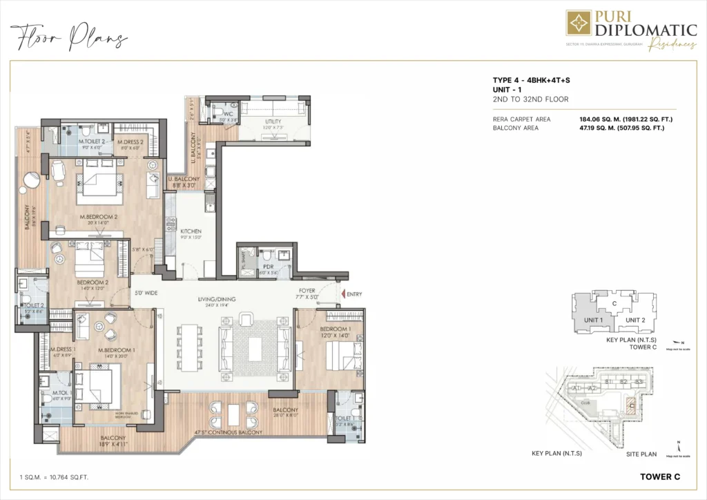 Puri Diplomatic Residences – Type 4 – 4 BHK + 4T + S (Tower C) floor plan