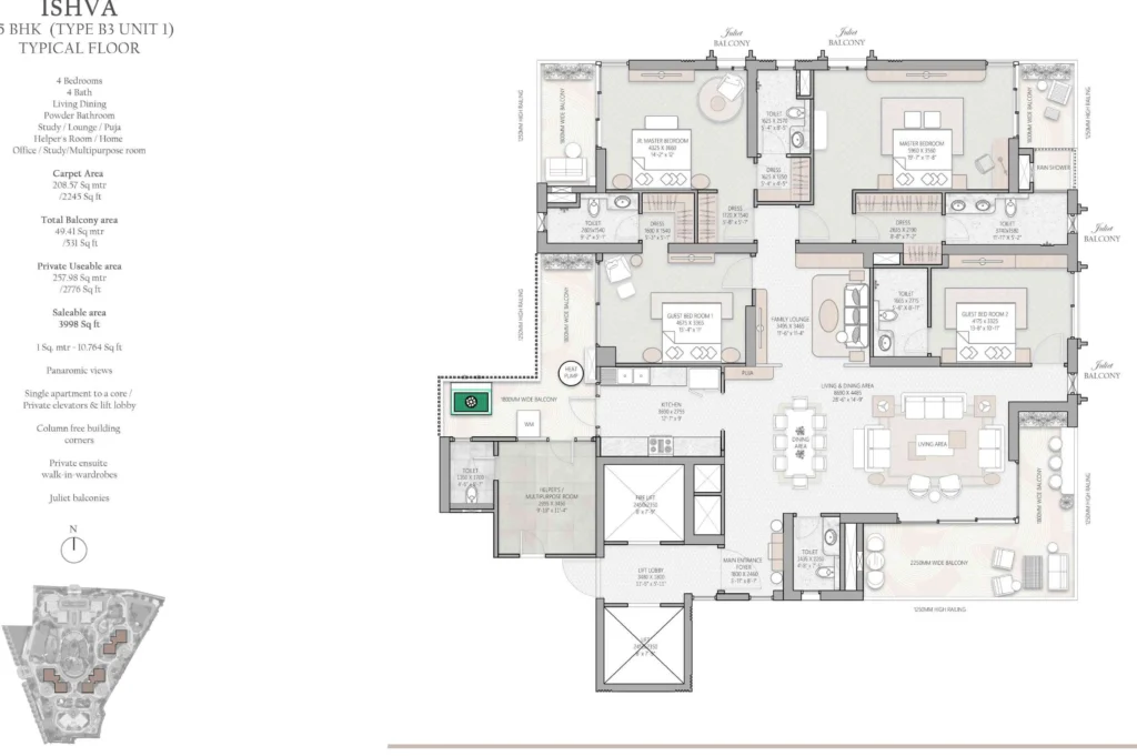 TARC Ishva 4 BHK + SR – Type B3 Unit 1 floor plan
