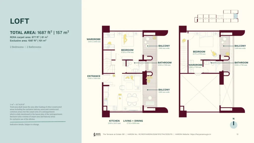 The Terraces at Estate 361 floor plan - 2 BHK Duplex Loft (1,687 sq.ft.)